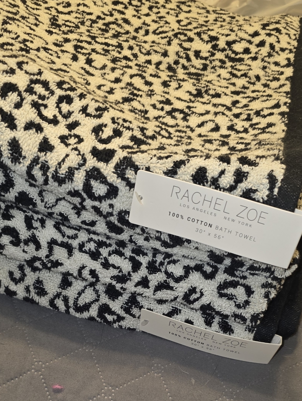 Rachel Zoe Black & Off White Leopard Cotton Bath Towel Set-4 Piece